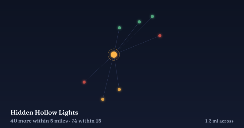 Map of Hidden Hollow Lights and the 74 other Christmas light displays within 15 miles