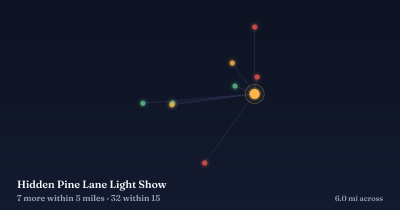 Map of Hidden Pine Lane Light Show and the 32 other Christmas light displays within 15 miles