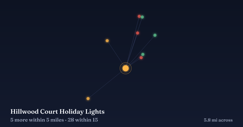 Map of Hillwood Court Holiday Lights and the 28 other Christmas light displays within 15 miles