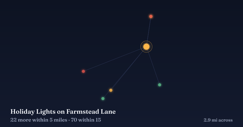 Map of Holiday Lights on Farmstead Lane and the 70 other Christmas light displays within 15 miles