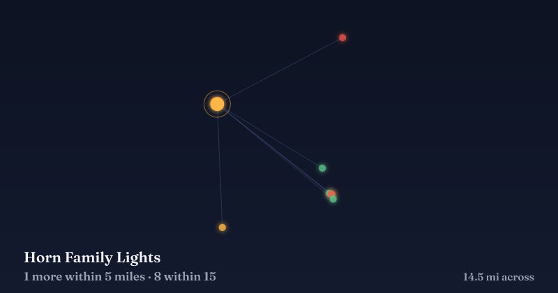 Map of Horn Family Lights and the 8 other Christmas light displays within 15 miles