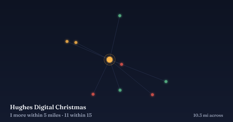 Map of Hughes Digital Christmas and the 11 other Christmas light displays within 15 miles