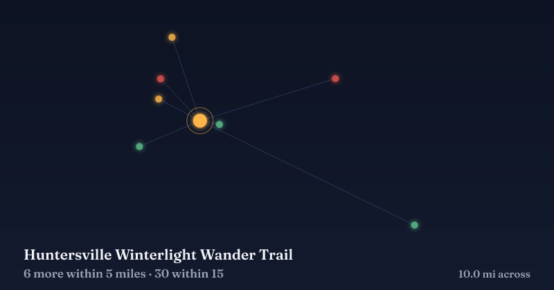 Map of Huntersville Winterlight Wander Trail and the 30 other Christmas light displays within 15 miles