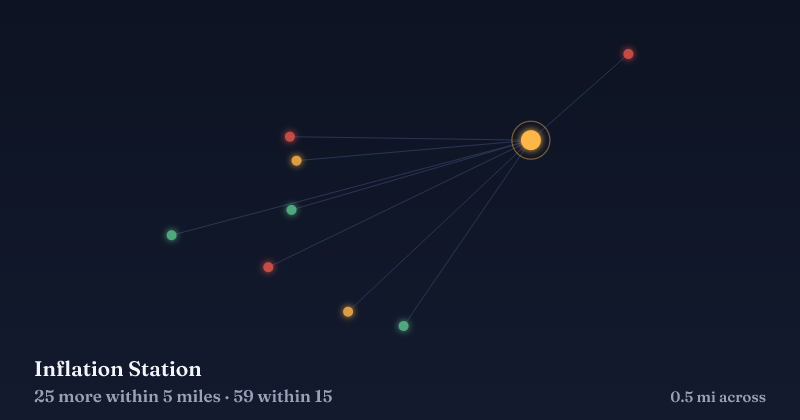Map of Inflation Station and the 59 other Christmas light displays within 15 miles