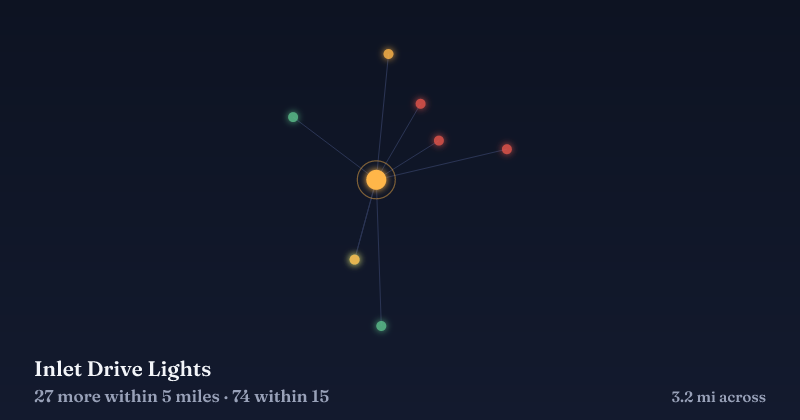 Map of Inlet Drive Lights and the 74 other Christmas light displays within 15 miles