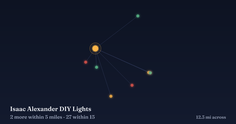 Map of Isaac Alexander DIY Lights and the 27 other Christmas light displays within 15 miles