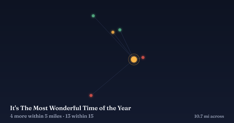 Map of It's The Most Wonderful Time of the Year and the 13 other Christmas light displays within 15 miles