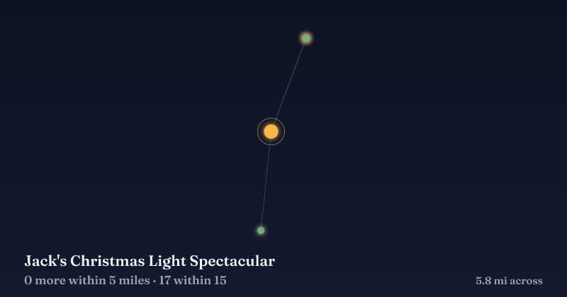 Map of Jack's Christmas Light Spectacular and the 17 other Christmas light displays within 15 miles