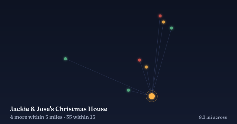 Map of Jackie & Jose's Christmas House and the 35 other Christmas light displays within 15 miles