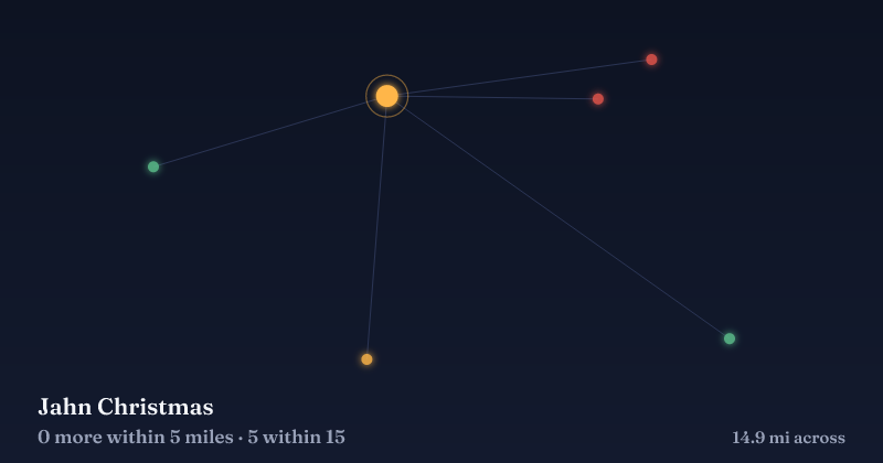 Map of Jahn Christmas and the 5 other Christmas light displays within 15 miles