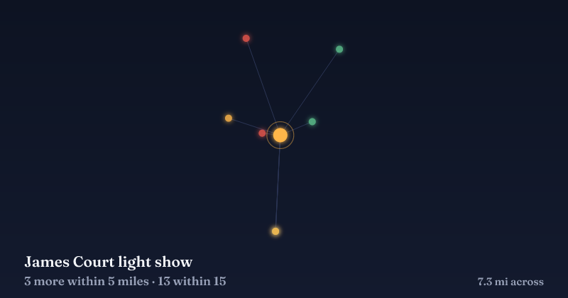 Map of James Court light show and the 13 other Christmas light displays within 15 miles