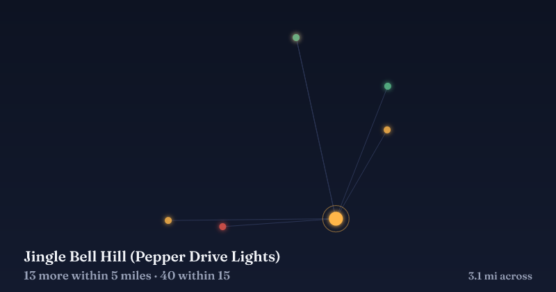 Map of Jingle Bell Hill (Pepper Drive Lights) and the 40 other Christmas light displays within 15 miles