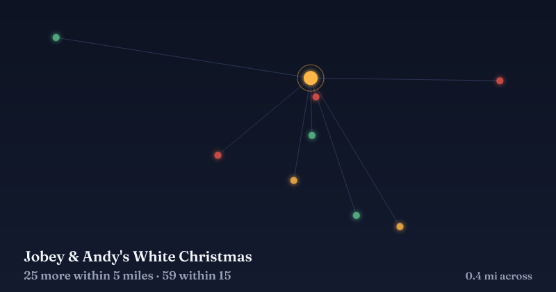 Map of Jobey & Andy's White Christmas and the 59 other Christmas light displays within 15 miles