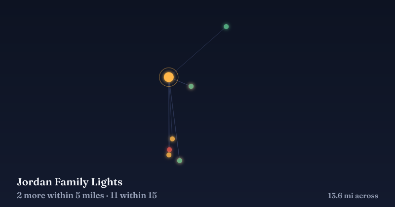 Map of Jordan Family Lights and the 11 other Christmas light displays within 15 miles