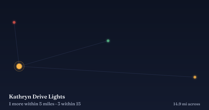 Map of Kathryn Drive Lights and the 3 other Christmas light displays within 15 miles