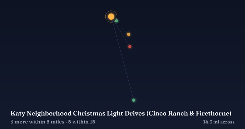Map of Katy Neighborhood Christmas Light Drives (Cinco Ranch & Firethorne) and the 5 other Christmas light displays within 15 miles