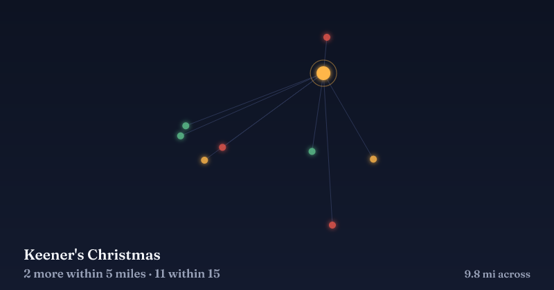 Map of Keener's Christmas and the 11 other Christmas light displays within 15 miles