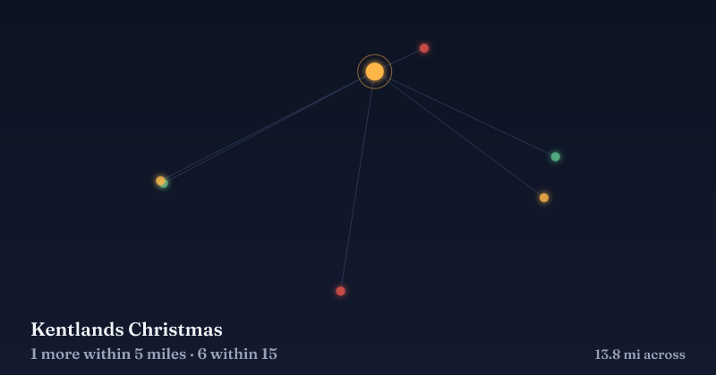 Map of Kentlands Christmas and the 6 other Christmas light displays within 15 miles