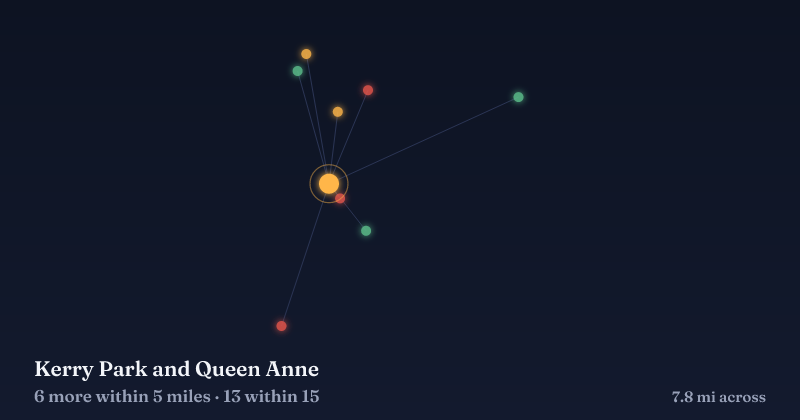 Map of Kerry Park and Queen Anne and the 13 other Christmas light displays within 15 miles