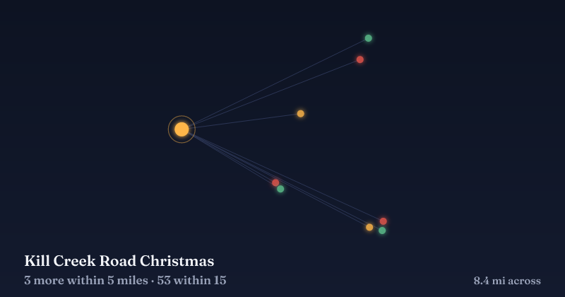Map of Kill Creek Road Christmas and the 53 other Christmas light displays within 15 miles
