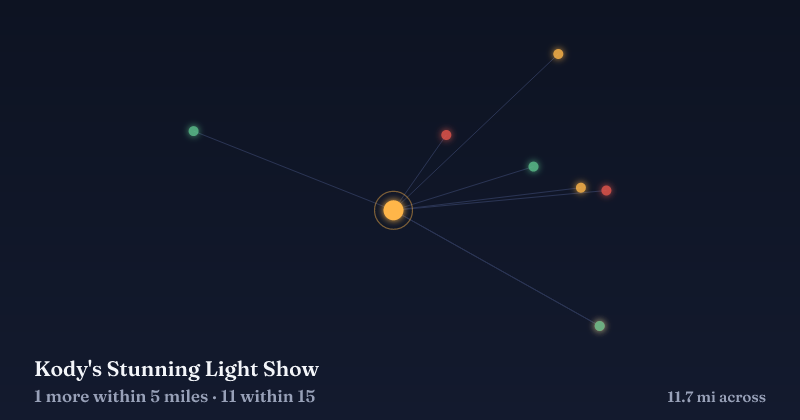 Map of Kody's Stunning Light Show and the 11 other Christmas light displays within 15 miles