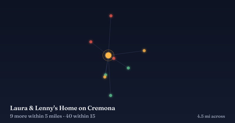 Map of Laura & Lenny's Home on Cremona and the 40 other Christmas light displays within 15 miles