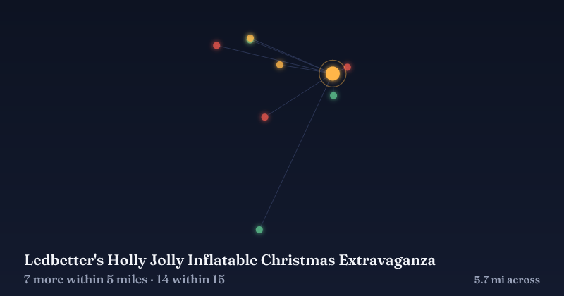 Map of Ledbetter's Holly Jolly Inflatable Christmas Extravaganza and the 14 other Christmas light displays within 15 miles