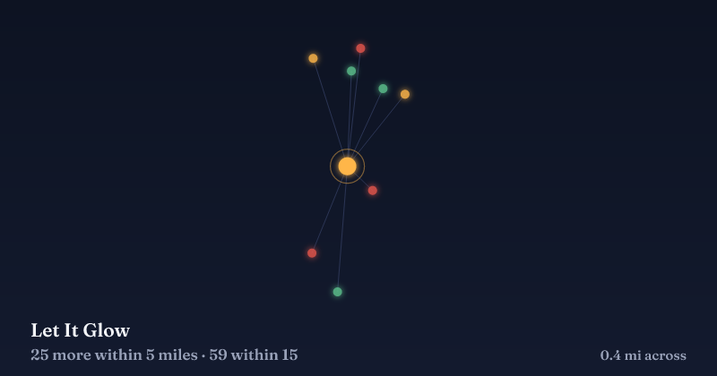 Map of Let It Glow and the 59 other Christmas light displays within 15 miles