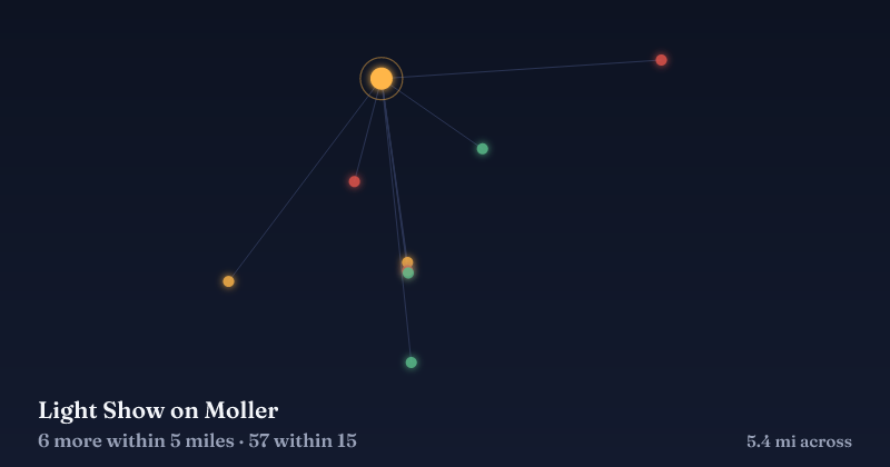 Map of Light Show on Moller and the 57 other Christmas light displays within 15 miles