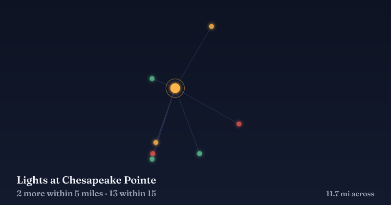 Map of Lights at Chesapeake Pointe and the 13 other Christmas light displays within 15 miles