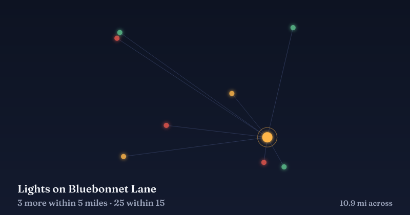 Map of Lights on Bluebonnet Lane and the 25 other Christmas light displays within 15 miles