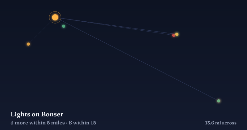 Map of Lights on Bonser and the 8 other Christmas light displays within 15 miles