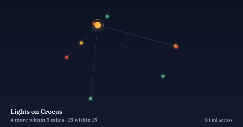 Map of Lights on Crocus and the 15 other Christmas light displays within 15 miles