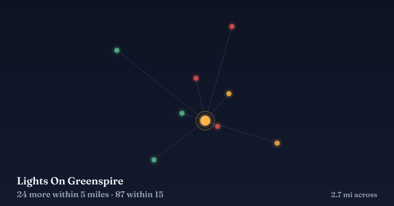 Map of Lights On Greenspire and the 87 other Christmas light displays within 15 miles