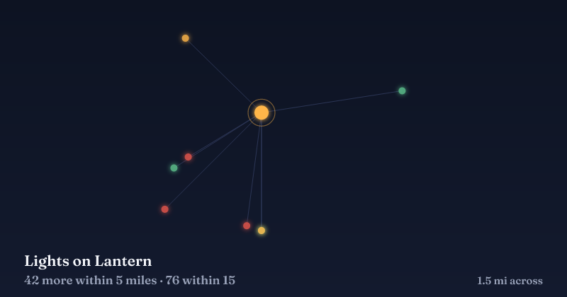 Map of Lights on Lantern and the 76 other Christmas light displays within 15 miles