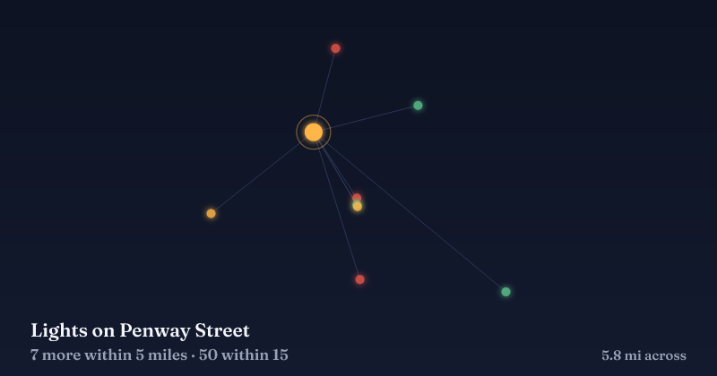 Map of Lights on Penway Street and the 50 other Christmas light displays within 15 miles