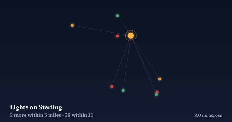 Map of Lights on Sterling and the 38 other Christmas light displays within 15 miles