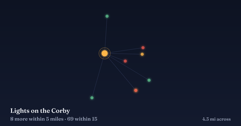Map of Lights on the Corby and the 69 other Christmas light displays within 15 miles