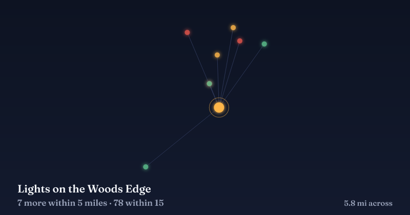 Map of Lights on the Woods Edge and the 78 other Christmas light displays within 15 miles
