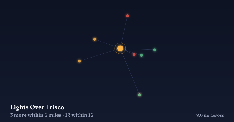 Map of Lights Over Frisco and the 12 other Christmas light displays within 15 miles