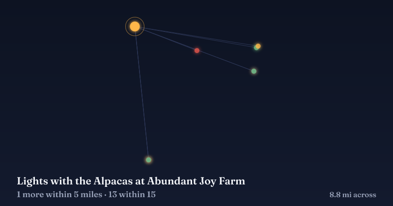 Map of Lights with the Alpacas at Abundant Joy Farm and the 13 other Christmas light displays within 15 miles