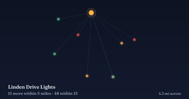Map of Linden Drive Lights and the 48 other Christmas light displays within 15 miles