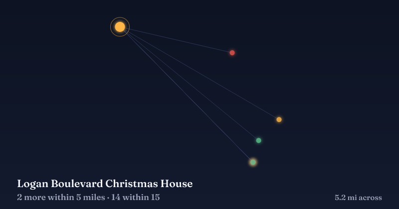 Map of Logan Boulevard Christmas House and the 14 other Christmas light displays within 15 miles