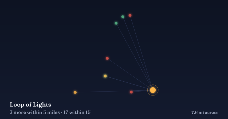 Map of Loop of Lights and the 17 other Christmas light displays within 15 miles
