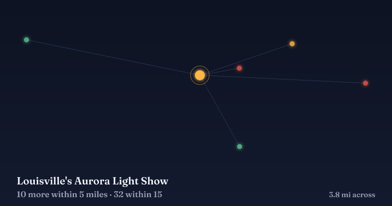 Map of Louisville's Aurora Light Show and the 32 other Christmas light displays within 15 miles