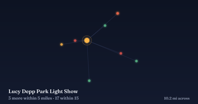 Map of Lucy Depp Park Light Show and the 17 other Christmas light displays within 15 miles