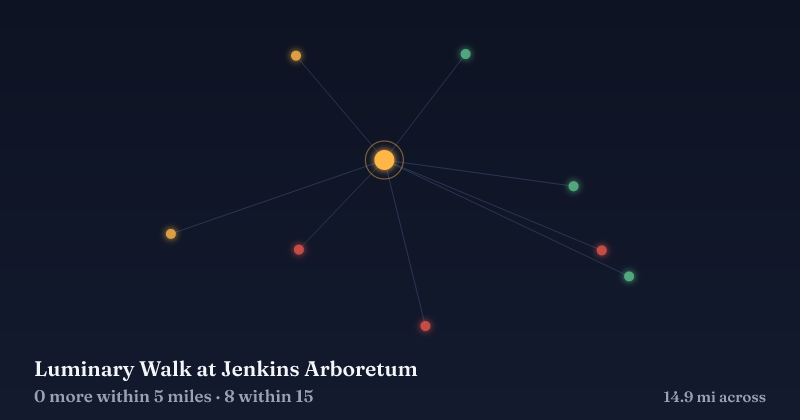 Map of Luminary Walk at Jenkins Arboretum and the 8 other Christmas light displays within 15 miles