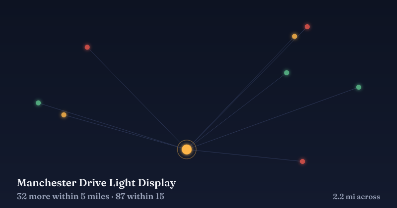 Map of Manchester Drive Light Display and the 87 other Christmas light displays within 15 miles