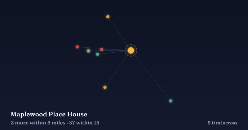 Map of Maplewood Place House and the 37 other Christmas light displays within 15 miles