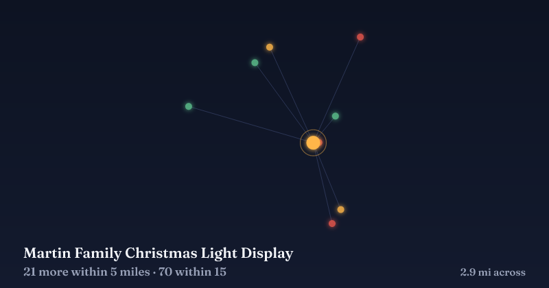 Map of Martin Family Christmas Light Display and the 70 other Christmas light displays within 15 miles
